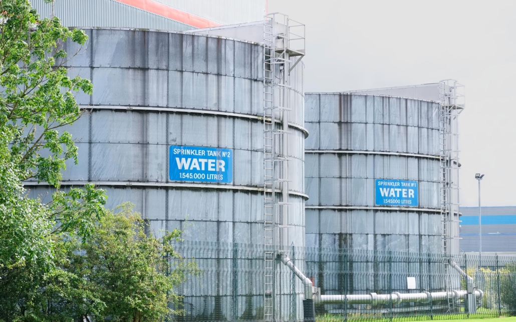 View of large industrial water sprinkler tanks