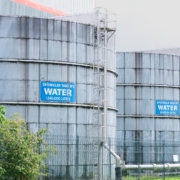 View of large industrial water sprinkler tanks